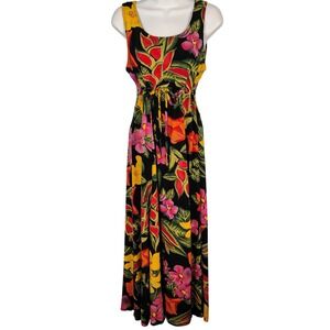 Decked Out Vintage 90s Tropical Floral Maxi Dress Black Red Yellow Size 7/8 USA